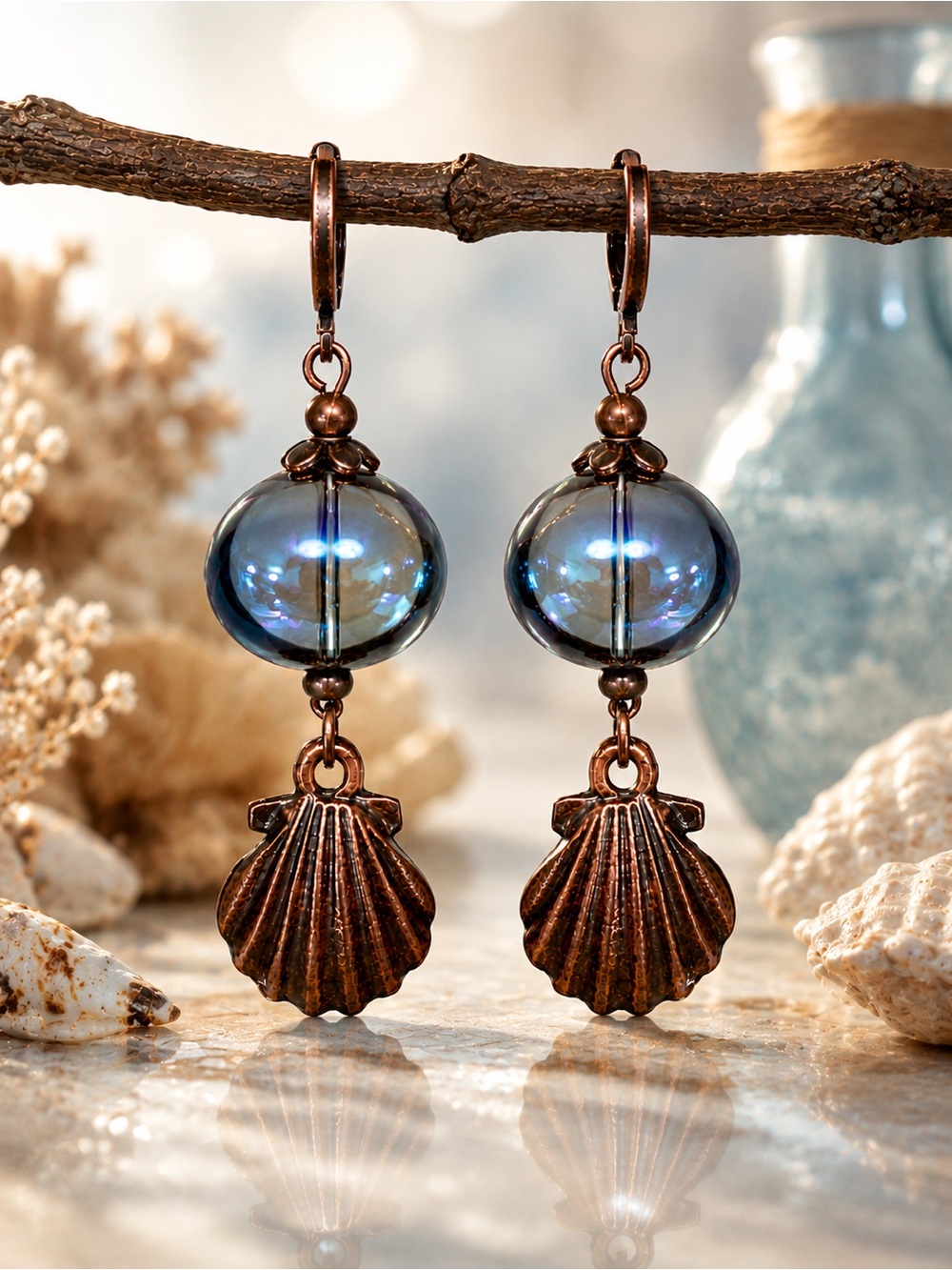 AB Czech Glass Shell Earrings, Antique Copper Coastal Boho Artisan Dangles